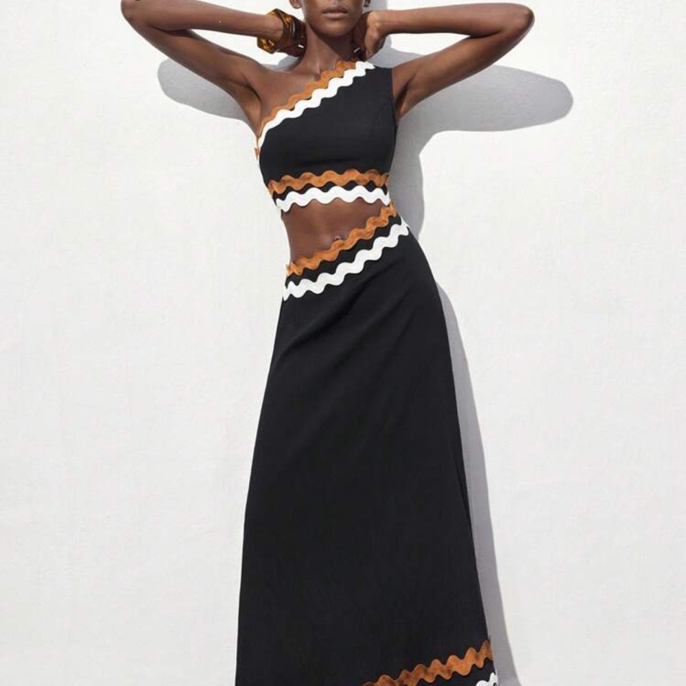 SHEIN Black, White, and Brown One-Shoulder Dress